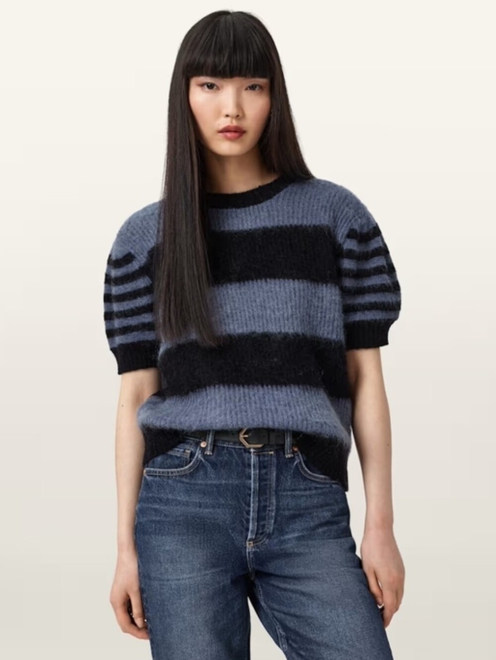 ALL SAINTS Clem Striped Knited Short Sleeve Sweater Black/Blue Size S Org $239